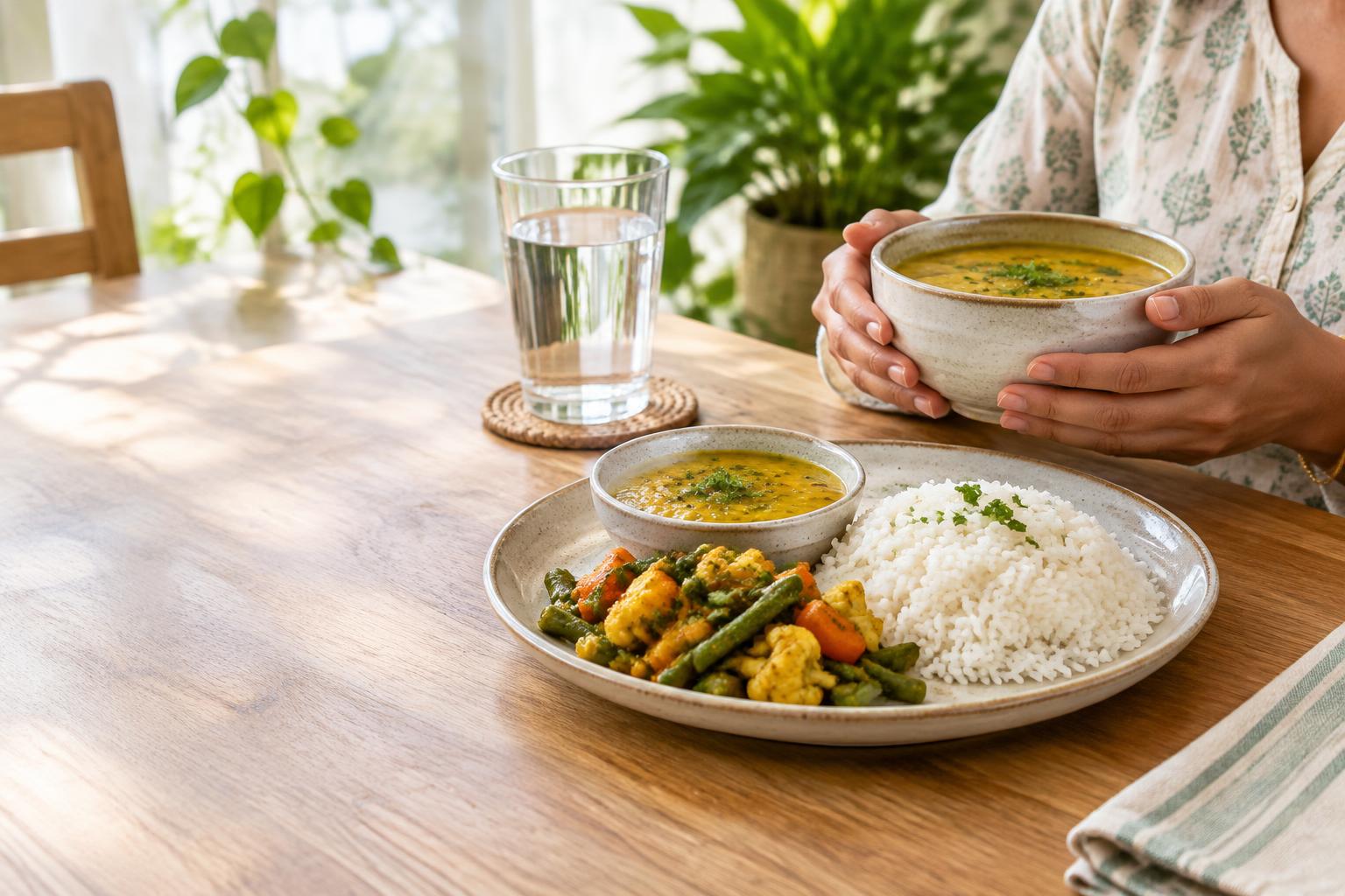 Illustrative photograph of a simple meal of lentils, rice, vegetables, and water