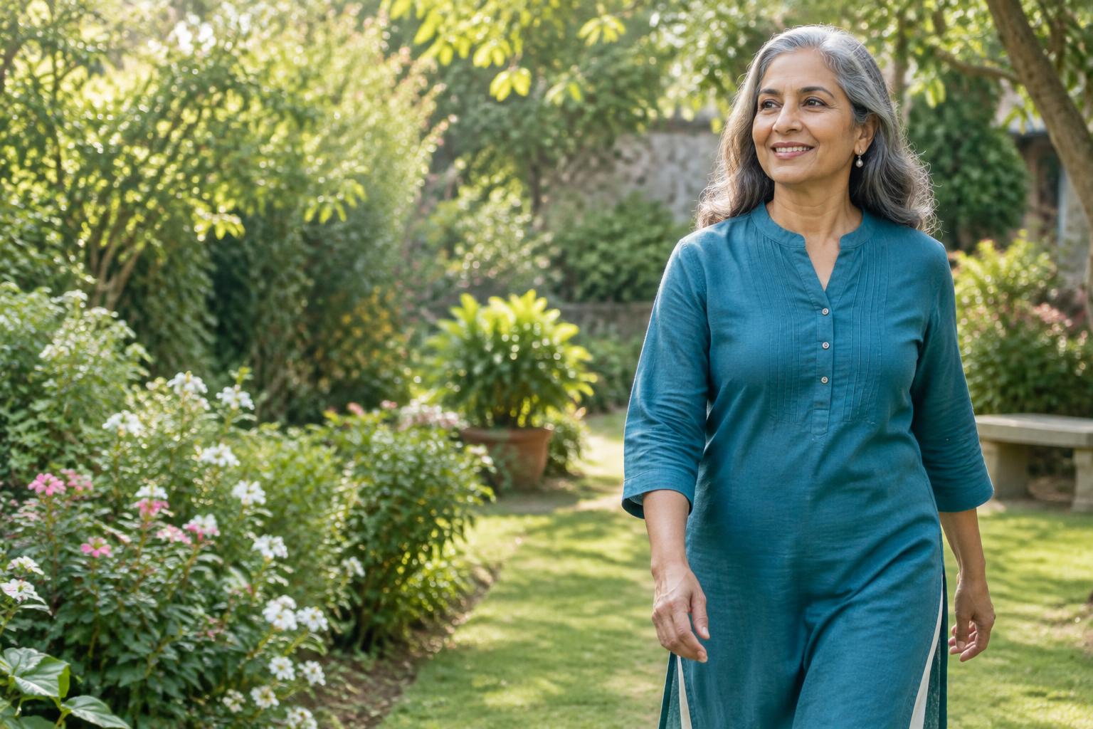 Illustrative photograph of an older woman enjoying a garden walk