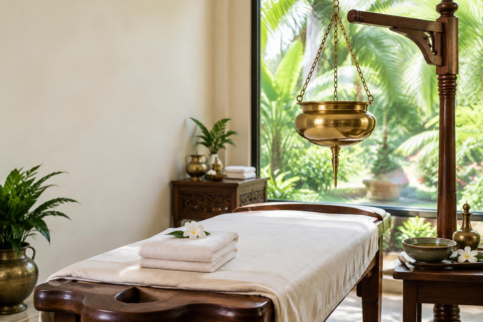 Illustrative photograph of traditional brass Ayurvedic equipment beside a treatment table