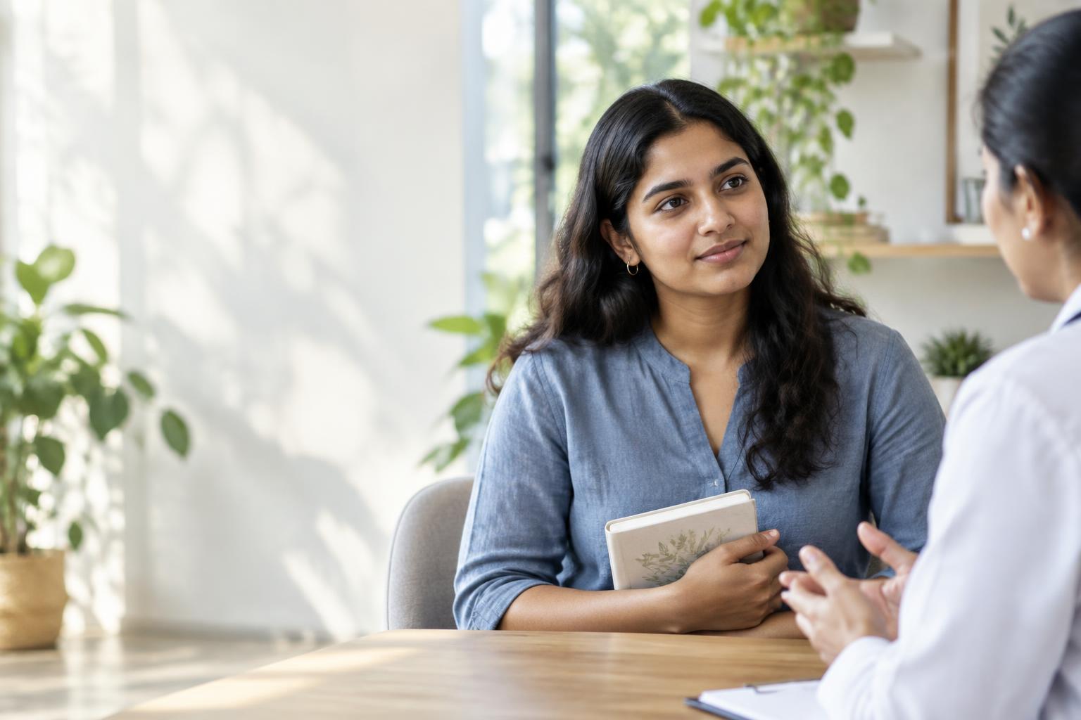 Illustrative photograph of a young woman bringing a health journal to a consultation