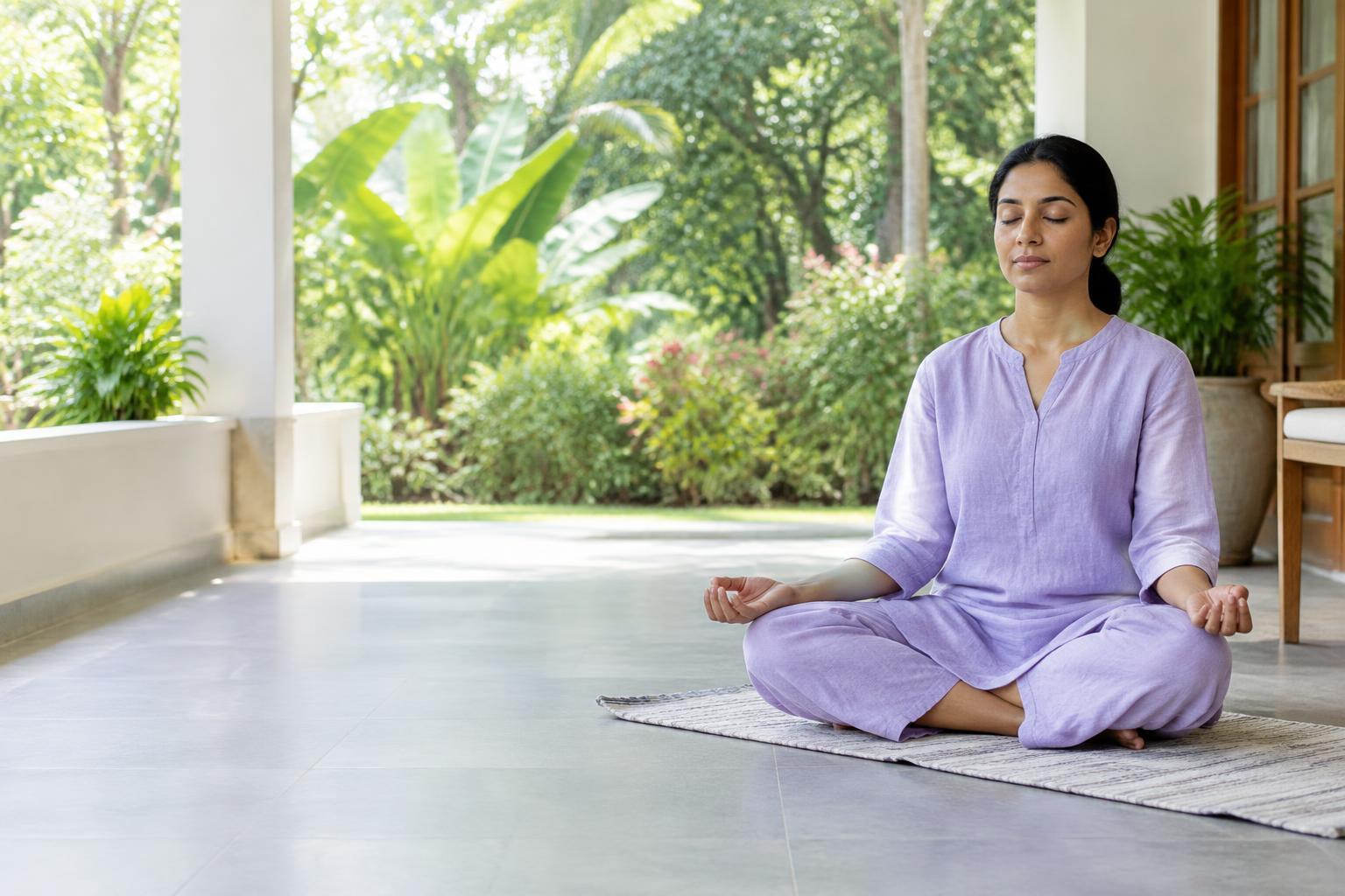 Illustrative photograph of a woman resting in seated meditation on a garden veranda