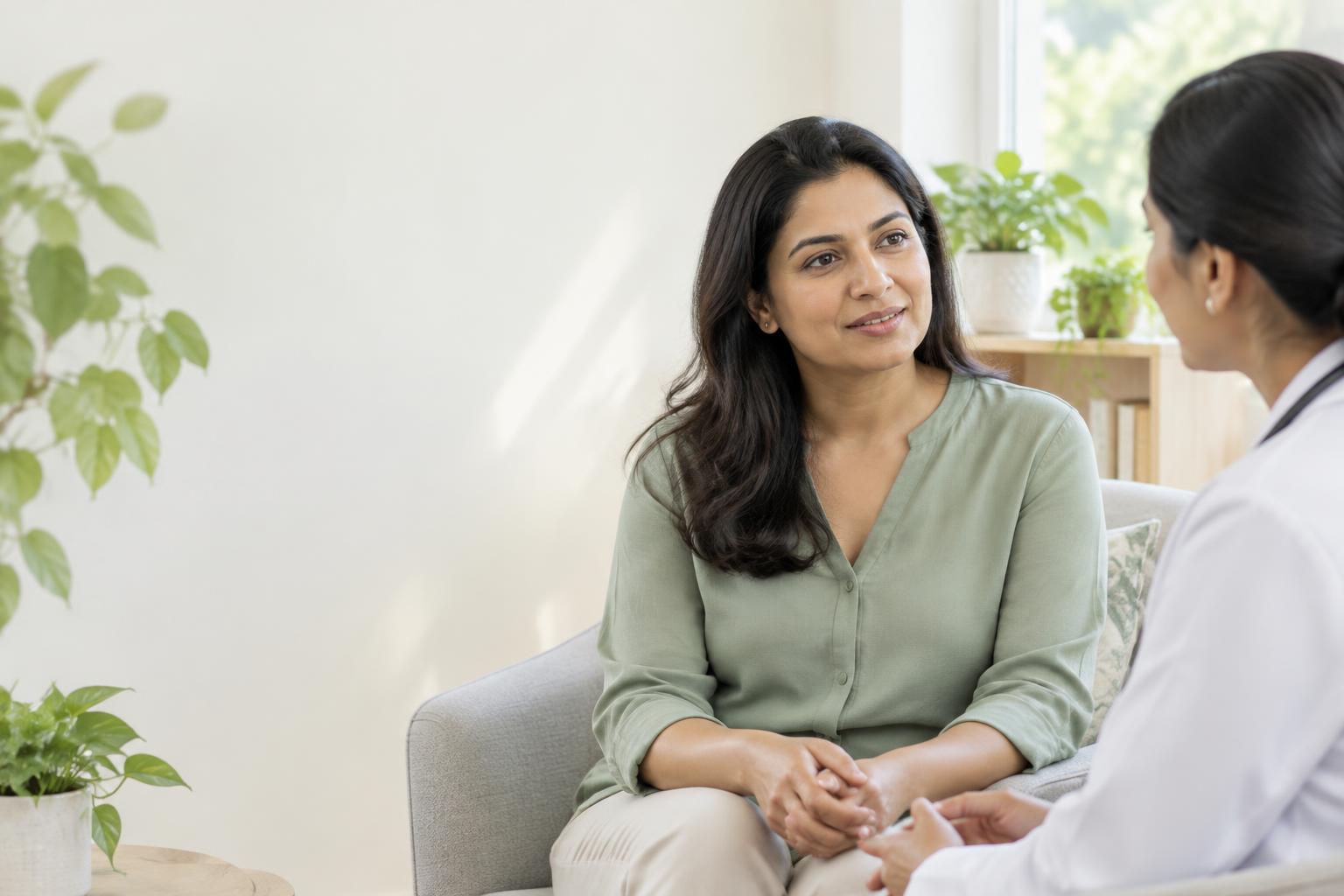 Illustrative photograph of a woman discussing her wellbeing with a clinician